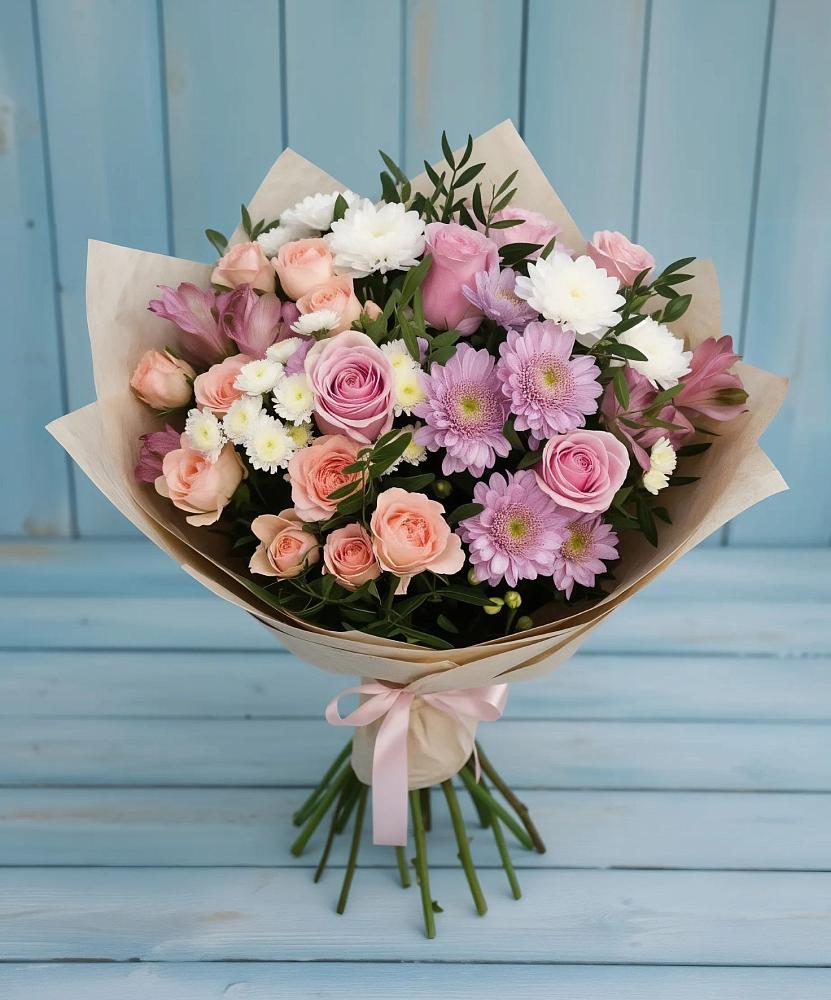 Букет цветов из: Хризантемы, Розы и Альстромерии в Новую
