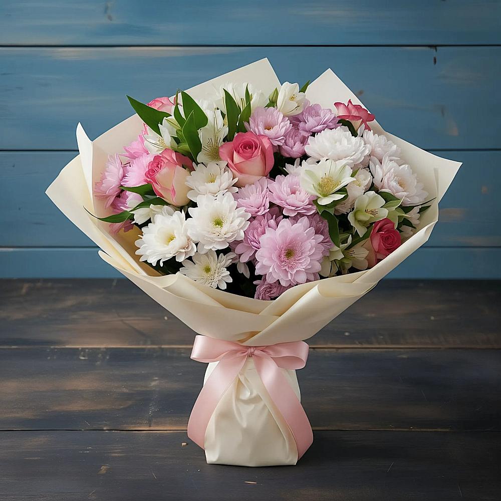 Букет цветов из: Хризантемы, Альстромерии и Розы в Новую